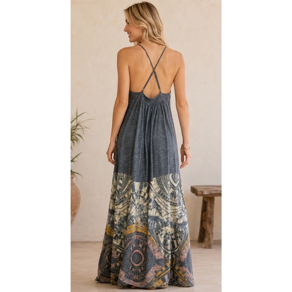 We The Free People Maxi Dress S/P Teal Tribal Print Adjustable Straps Boho - Picture 3 of 14